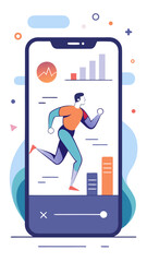 Fitness tracking app interface on smartphone showing man running with activity charts