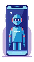 Cute robot character displayed on smartphone screen with modern flat design