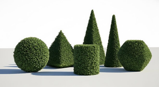 Multiple shaped green bushes form a decorative garden display. - Powered by Adobe