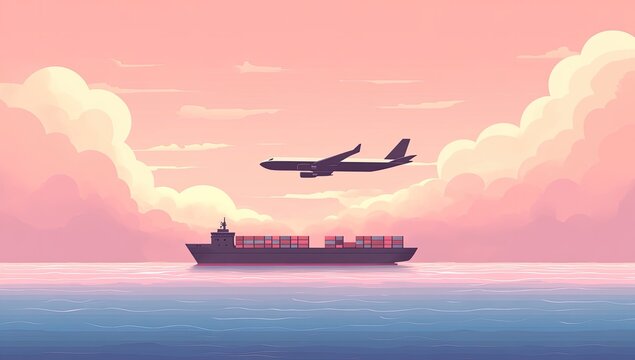 Cargo ship and plane against soft pink cloudy sky/sea scene - Powered by Adobe