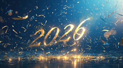 The minimalist 3D metallic number "2026" is set against a luxurious deep blue background with subtly shimmering light spots and falling confetti. It features high contrast, a commercial design, and 8K