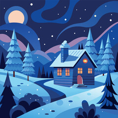 Naklejka premium A cozy winter night illustration with a small cabin glowing warmly in the snow, pine trees around it, mountains in the background, a crescent moon and stars in a deep blue sky, flat vector style, soft