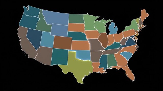 A colorful map of the contiguous US states on a black background, with Oklahoma highlighted