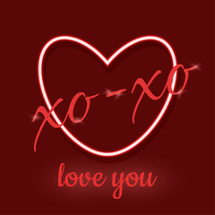 Valentine. Vector illustration. Neon heart and "Love You" text on a red background. Festive bright background for Valentine's Day. Greeting card.