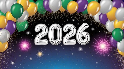 Festive New Year's Eve celebration with "2026" balloons, colorful party balloons, confetti, and fireworks against a starry night sky.
