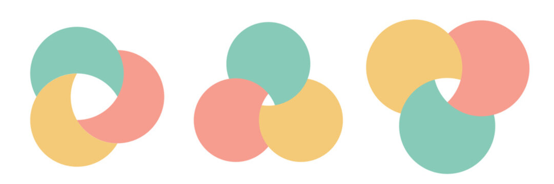 Round venn diagram set with three circle intersections for process flow, people relationship info or minimalist presentation slides.