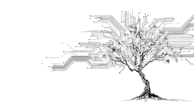 Complex network visualization combining organic structure with digital connections