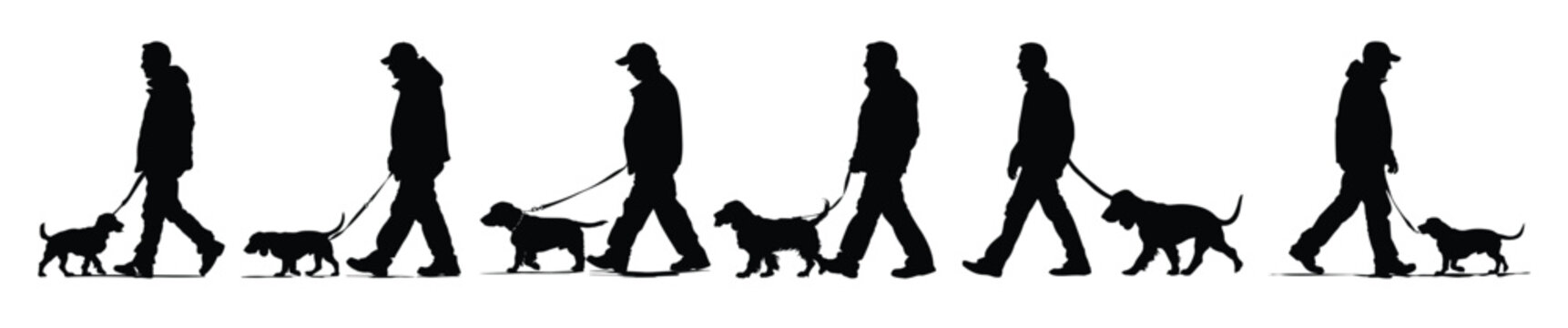 man walking a basset hound dog silhouette set 