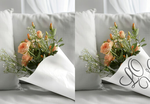Elegant Bouquet Mockup On Cozy Sofa PSD