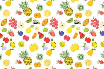Vibrant seamless pattern featuring hand-drawn fruits like pineapple, grapes, and citrus on a white background. Ideal for summer themes and textiles.