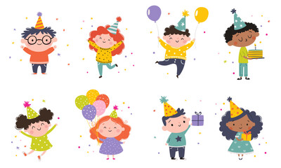 A set of flat vector illustrations in a simple children's style. Cute boys and girls celebrating their birthday with balloons and cake. Vector illustration