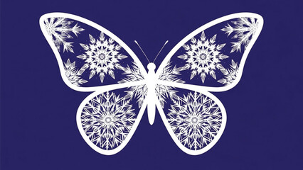White Butterfly Vector Illustration with Ornate Mandala Wings on Dark Blue Background