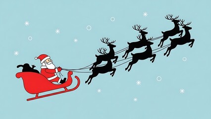 Santa Claus riding in his red sleigh pulled by reindeer across a light blue winter sky with snowflakes