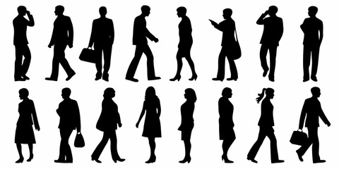 Silhouettes of people walking in various poses and business attire
