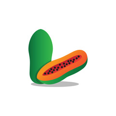 Papaya sign icon, simple design. Papaya half with seeds, slice and whole juicy fruit.