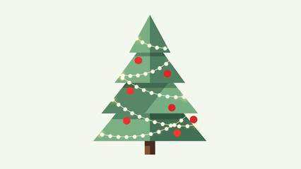 Obraz premium A stylized flat design illustration of a green Christmas tree decorated with white string lights and red baubles on a light background.