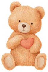 Obraz premium Watercolor illustration teddy bear holding a heart for Valentine's Day. The bear is sitting on a white background, showing warmth and affection. The gentle brush strokes add charm.