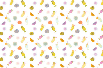 Cute seamless pattern with hand-drawn colorful cocktails, refreshing summer drinks, and fruit slices on a white background.