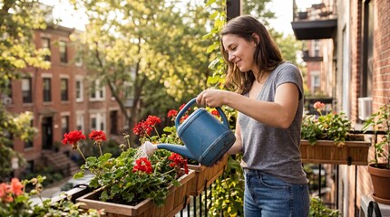 Young woman watering flowers on apartment balcony garden in urban residential neighborhood during summer morning