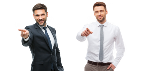 Confident businessmen pointing at camera, isolated on transparent background png