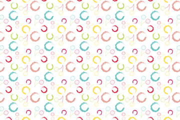 Abstract seamless pattern with colorful textured circles and cherry shapes on a white background.