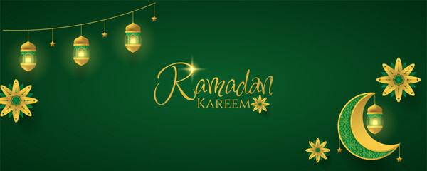Ramadan kareem design with lanterns, crescent and stars.