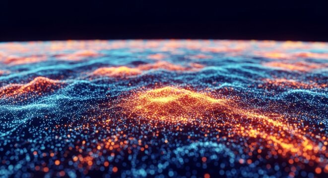 A vibrant abstract background features a digital heatmap glowing 