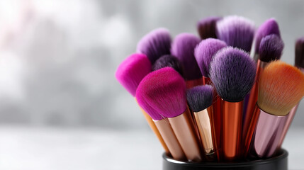 Colorful assortment of cosmetic makeup brushes with blank space, beauty services promotion, makeup tutorial tools, elegance and artistry concept, with copy space