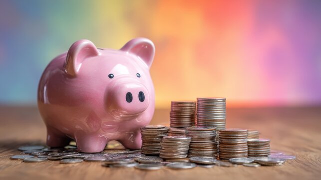 Pink ceramic piggy bank sits beside organized stacks of metallic currency on a wooden surface with a colorful background