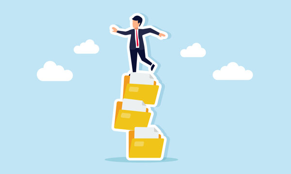 Businessman struggling on a stack of document folders illustrating poor file management and lack of effective and efficient workflow