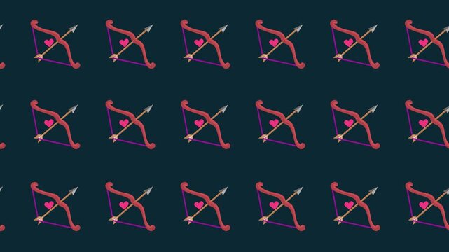 Seamless pattern of Cupid's bow and heart arrow icons in a tile background animation. Repeating wallpaper with Valentine's Day romance and love symbols. Dating apps backdrop texture design.