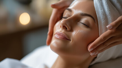 Bride relaxing with spa treatment before wedding, facial massage with moisturizer, manicure care session, pre-wedding beauty preparation, cosmetic procedures, with copy space