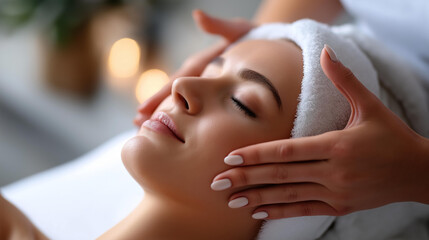 Bride relaxing with spa treatment before wedding, facial massage with moisturizer, manicure care session, pre-wedding beauty preparation, cosmetic procedures, with copy space