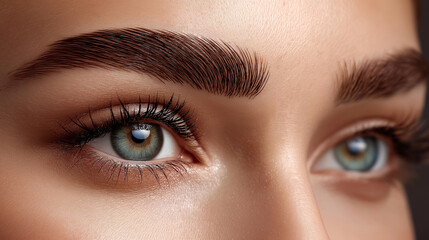 Fototapeta premium Before and after eyebrow enhancement comparison, beauty tutorial demonstration, cosmetic product advertising, salon promotion imagery, transformation results, with copy space