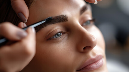 Faceless beautician applying tint to eyebrows during permanent makeup, artist using brush for brow shape correction, salon facial care treatment, with copy space