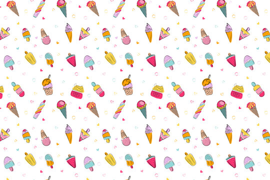 Cute seamless pattern with hand-drawn colorful ice creams and popsicles on a white background.