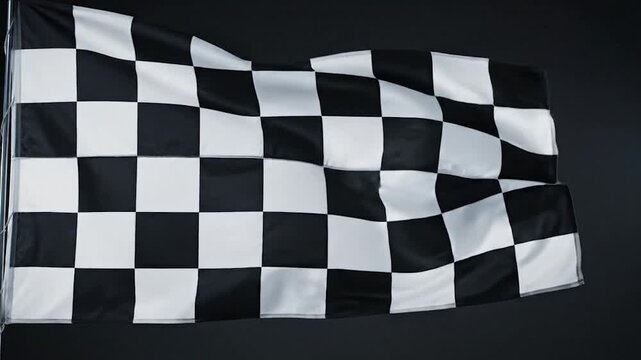 Dynamic black and white checkered flag waving against a dark, minimalist background