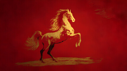 赤背景に金色の馬 干支 午年の縁起イラスト