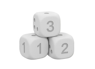 Three White Dice Stacked Together Showing Numbers One One and Two with Gray Engravings on a Matte Black Background Studio Lighting