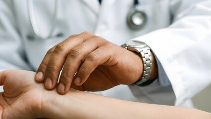 Doctor Examining Patients Wrist in Clinic.