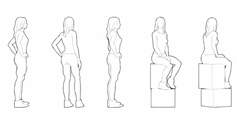 Five female figures in various poses outlined in a minimalist sketch style