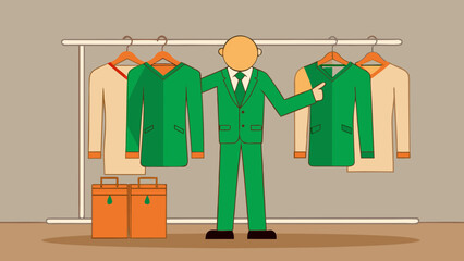 A tailor showcasing green suits on hangers while holding garment bags in a clothing store