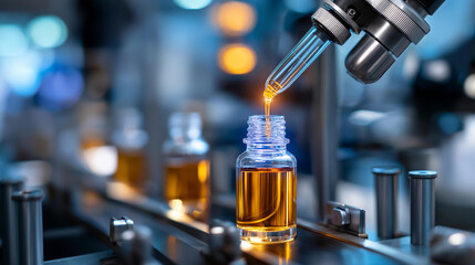 Cosmetic product automated production line, robotic assembly in factory, beauty industry manufacturing, technological innovation process, with copy space