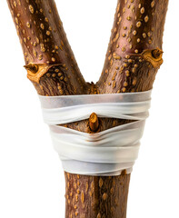 Fruit tree branch grafting point wrapped in white plastic tape on a transparent background