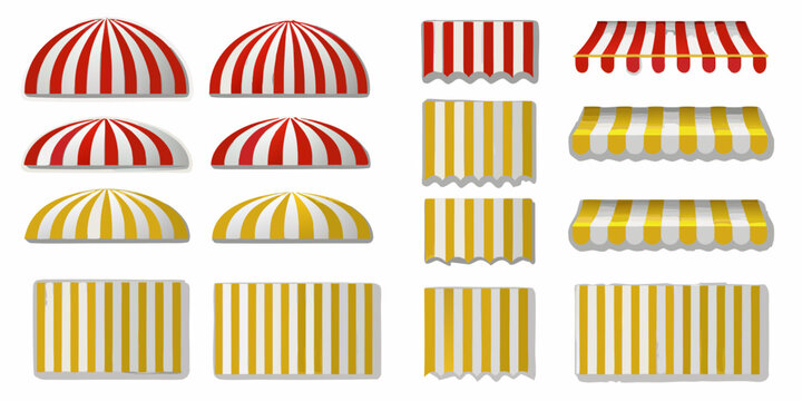 Collection of colorful awning designs with striped patterns isolated on white background