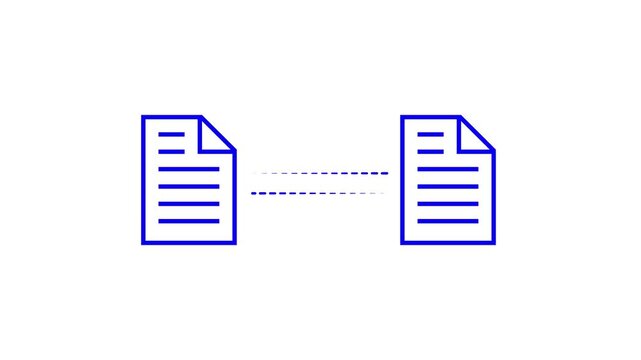 Two documents share data over white background, seamless loop graphic animation