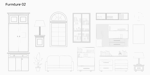 Line art illustration displaying a collection of various furniture pieces
