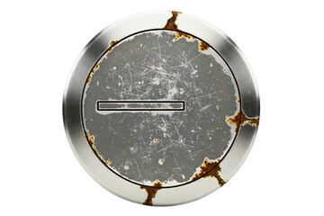 Circular metal surface with heavy scratches and rusty edges on a transparent background