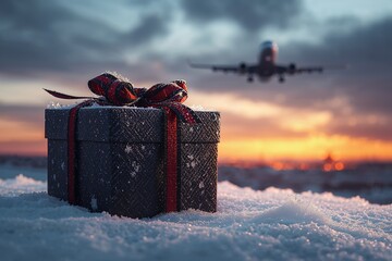 A gift box sits on the snow while an airplane approaches for landing. The sun sets in the background, creating a colorful sky. This scene captures the holiday spirit and travel season.