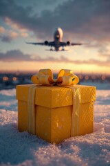 A yellow gift box wrapped in ribbon sits on the snow. An airplane is flying in the background during sunset. The scene shows holiday spirit and travel during the festive season.